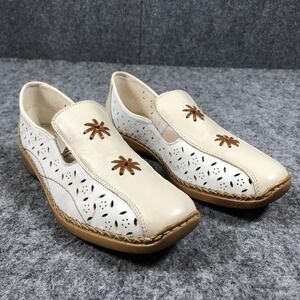 Rieker Antistress Shoes Womens Size 8.5 White Leather Slip On Floral Cutout‎